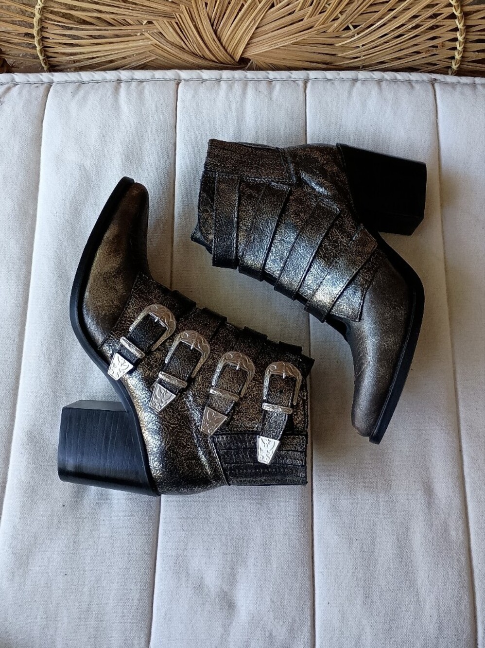 Steve Madden Metallic Black Buckle-Strap Ankle Boots_7